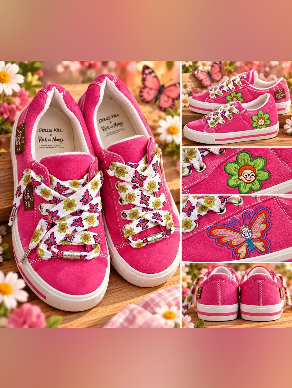 Bright Pink Floral Butterfly Lace-Up Women's Sneakers